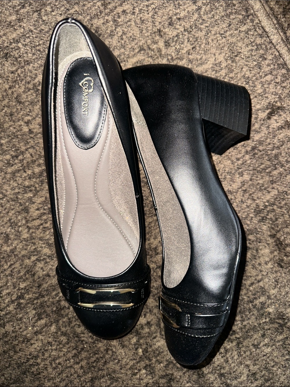 Comfort Black Low Block Heel Loafers with Gold Accent
